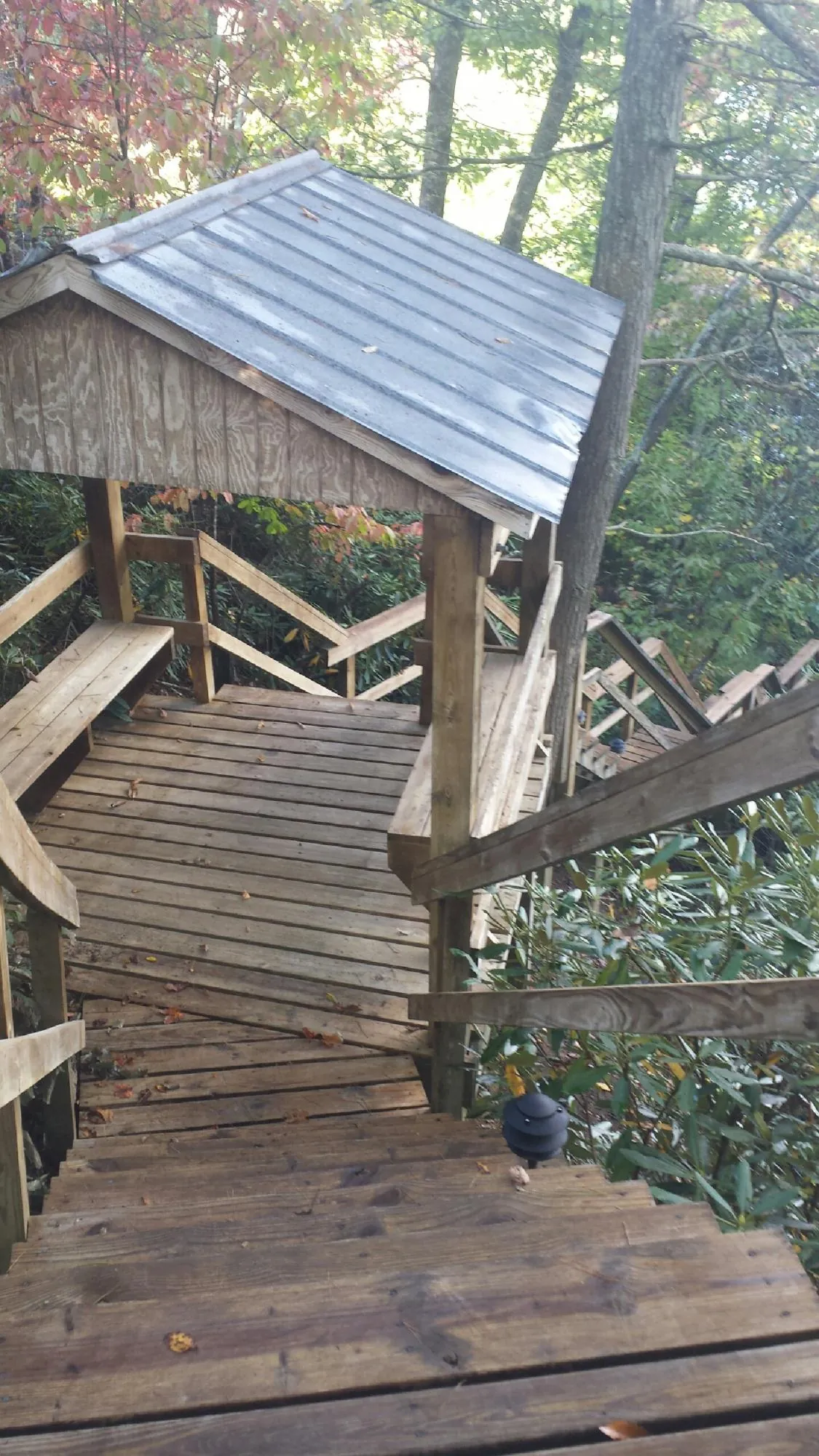 Metal roofed shelter over wooden steps on a wooded walkway — Skylight Repair & Installation work by our crew in Alto